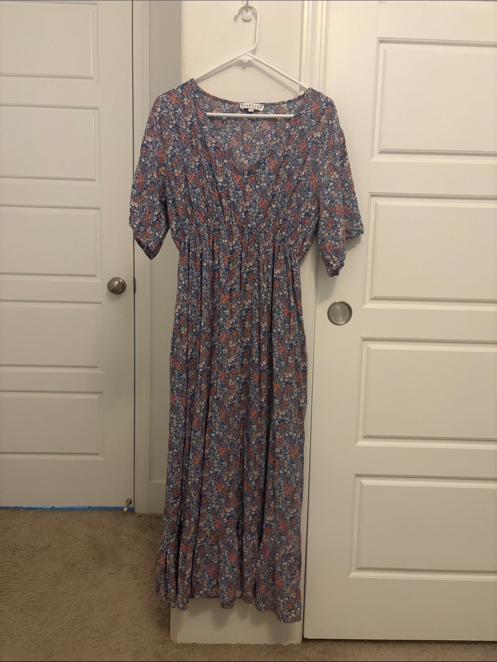 Floral Blue and Coral Maxi Dress with Elastic Waist